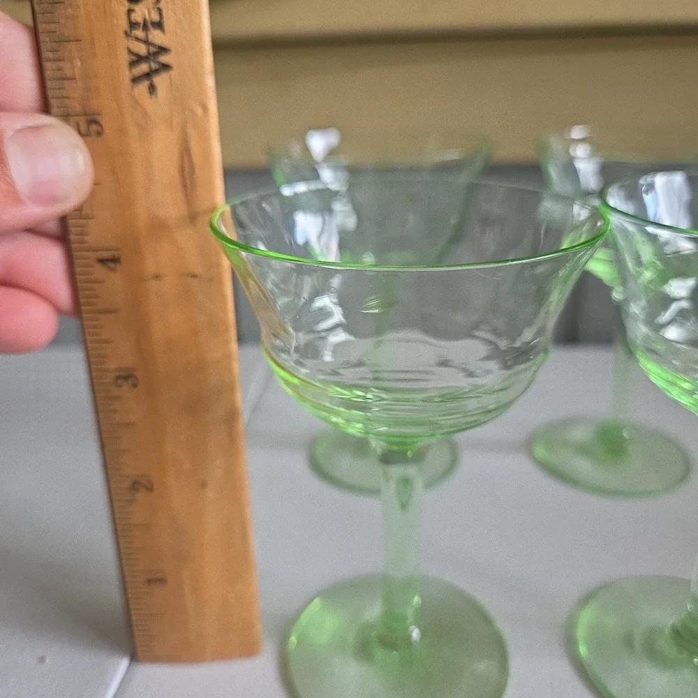 Vintage Uranium Small Stem Glass Green Hue Collectible Glassware Set Of 4